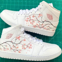 Custom Jordans Pink Flowers Brown Branches White