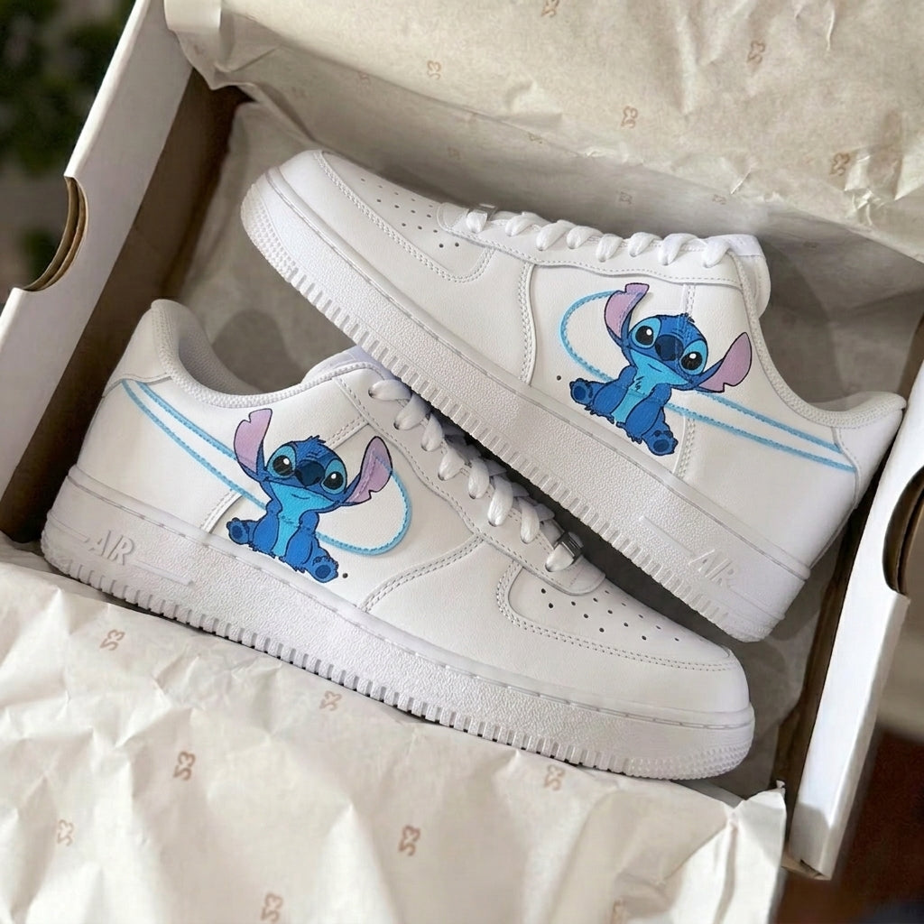 Custom Blue Stitch Cartoon Air Force 1 Sneakers