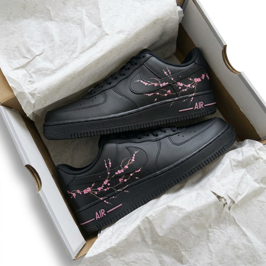 Hand Painted Black Pink Cherry Blossoms Custom Air Force 1 Sneakers