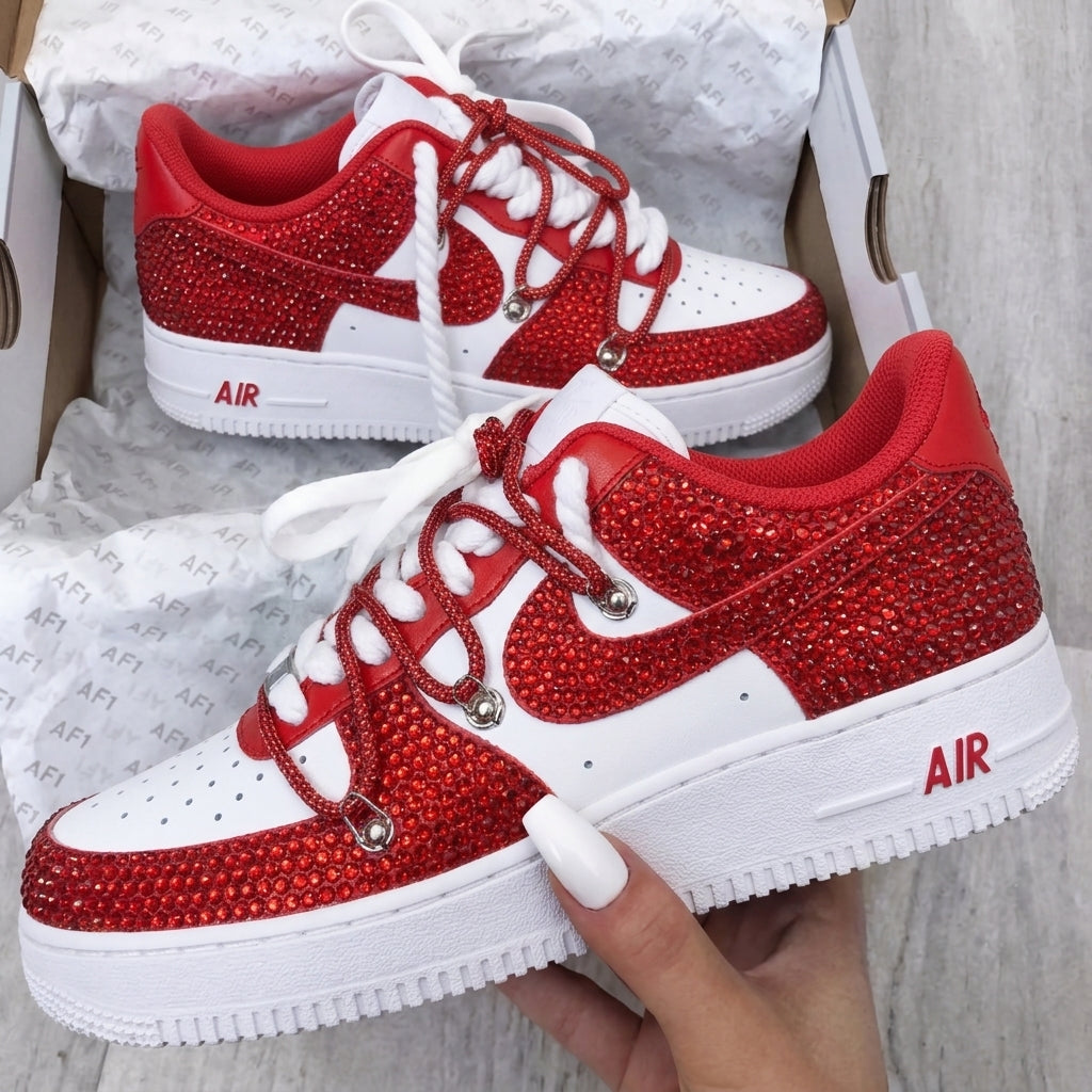 Red White Rhinestone Custom Air Force 1 Sneakers