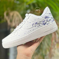 Hand Painted Lavender Cherry Blossom Custom Air Force 1, Aesthetic Falling Floral Petal Custom Sneakers with Optional Gradient Purple Laces, Unique Casual Fashion Shoes for Women & Men