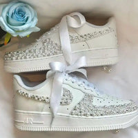 Personalized Name & Rhinestone Pearl Embellished Ribbon Bow Lace White Bridal Custom Air Force 1, Sparkly Wedding Custom Sneakers for Bride Bridesmaid