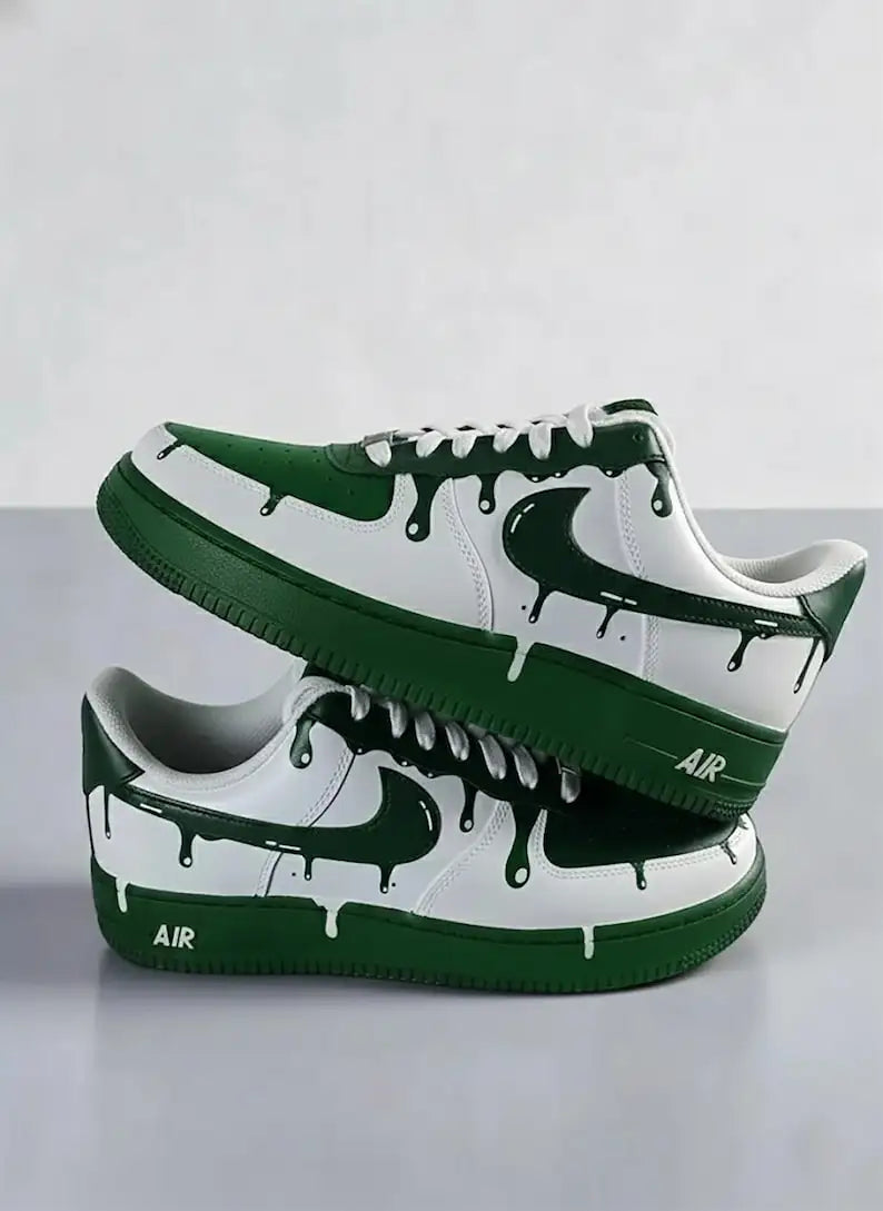 Hand Painted Green White Dripping Paint Design Custom Air Force 1 Custom Sneakers Unisex Trendy Streetwear Casual Skate Shoes