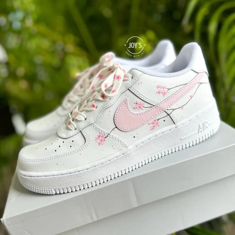 Hand Painted Cherry Blossom Custom Air Force 1, Cute Aesthetic White & Light Pink Floral Custom Sneakers for Women with Optional Matching Shoelaces