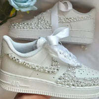 Personalized Name & Rhinestone Pearl Embellished Ribbon Bow Lace White Bridal Custom Air Force 1, Sparkly Wedding Custom Sneakers for Bride Bridesmaid
