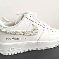 Pearl Rhinestone Embellished Personalized Bridal Custom Air Force 1, White Satin Laces Custom Name & Wedding Date Custom Sneakers for Bride Wedding Bridesmaid Gift
