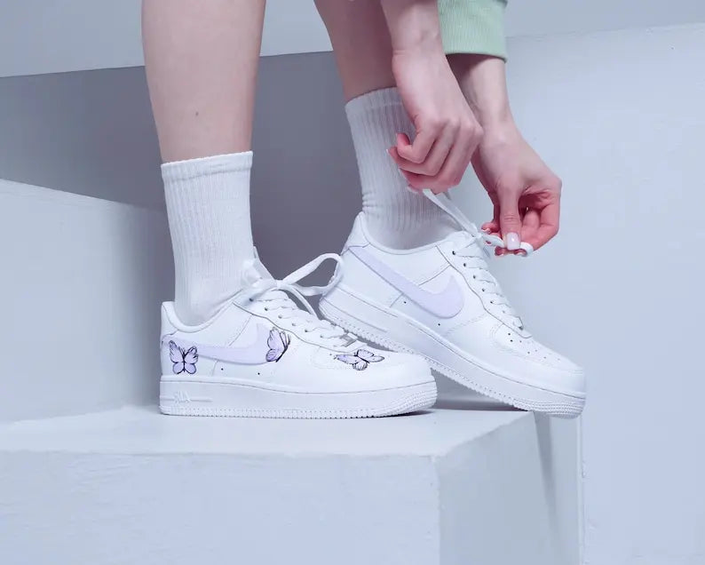 Unique Hand Painted Lavender Butterfly White Custom Air Force 1 Custom Sneakers Women's Aesthetic Comfortable Casual Daily Skate Shoes