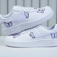 Unique Hand Painted Lavender Butterfly White Custom Air Force 1 Custom Sneakers Women's Aesthetic Comfortable Casual Daily Skate Shoes