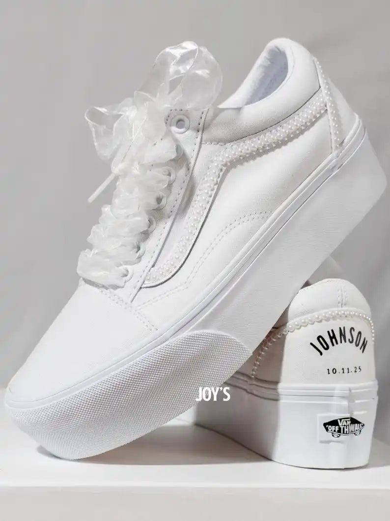 White Pearl Decor Platform Custom Air Force 1 Custom Sneakers Personalized Wedding Date & Name Organza Ribbon Laces Bridal Wedding Shoes for Bride