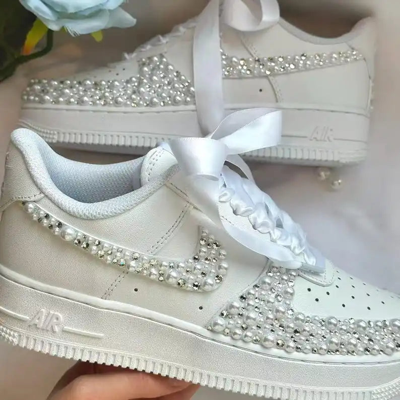 Personalized Name & Rhinestone Pearl Embellished Ribbon Bow Lace White Bridal Custom Air Force 1, Sparkly Wedding Custom Sneakers for Bride Bridesmaid
