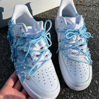 Handmade Blue Lace Floral Pearl Custom Air Force 1 Sneakers