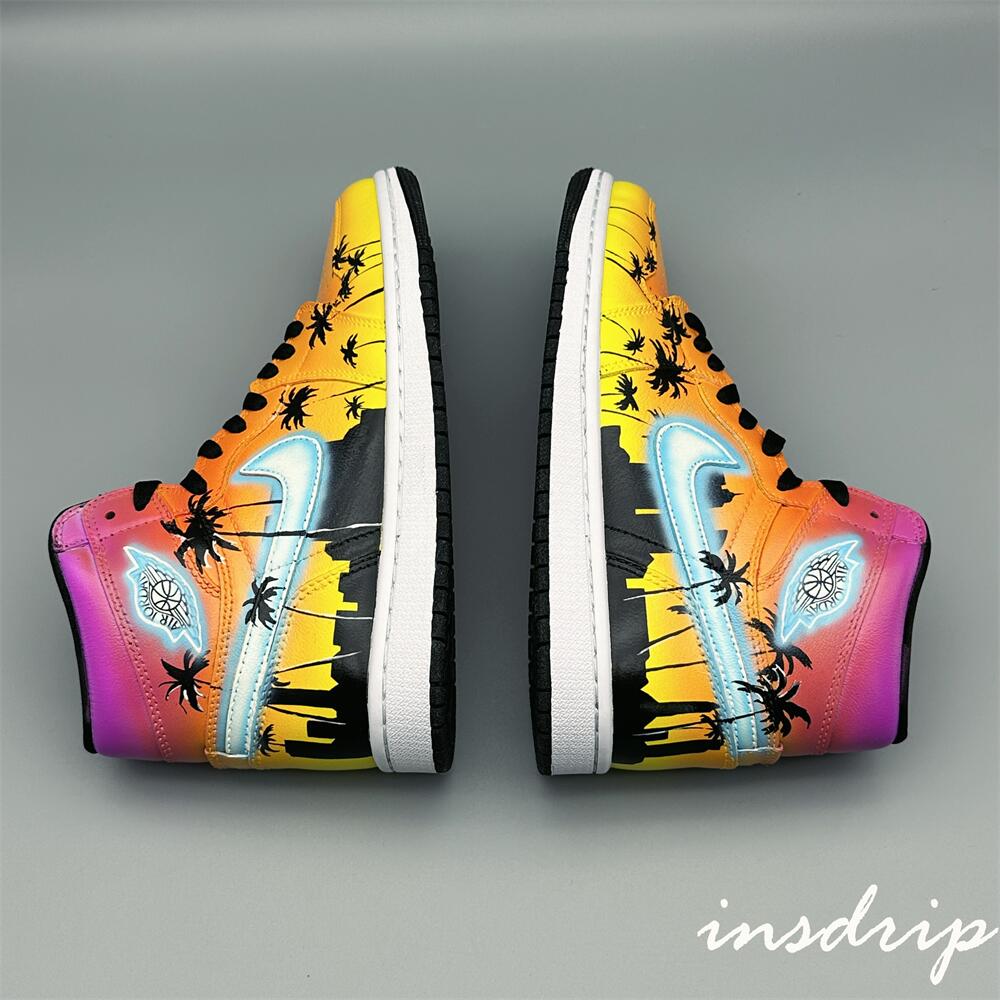 Pink Yellow Coconut Palm Island Sunset Custom Air Jordan 1