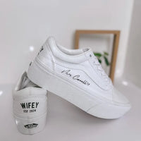 Personalized Wedding Custom Sneakers Custom Name & Wedding Date Printed Bride Groom Couple White Wedding Footwear Pearl Decor Bridal Custom Air Force 1 Comfortable Wedding Shoes