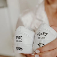 Personalized Wedding Custom Sneakers Custom Name & Wedding Date Printed Bride Groom Couple White Wedding Footwear Pearl Decor Bridal Custom Air Force 1 Comfortable Wedding Shoes