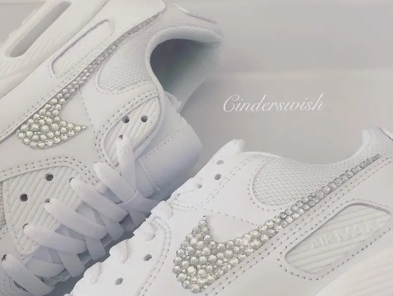 White Bling Crystal Rhinestone Embellished Wedding Bridal Custom Air Force 1 Custom Sneakers, Shiny Comfortable Women Casual Customized Trainers for Daily Wear & Special Occasions