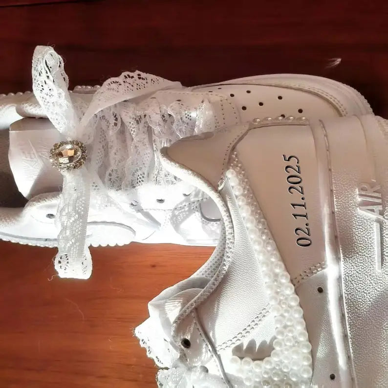Personalized Name & Date Pearl Embellished Lace Wedding Bridal Custom Air Force 1, Handmade Bridal Custom Sneakers for Bride