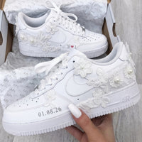 Custom AF 1s Personalized Weeding Shoes Lace Flowers Pearls Date