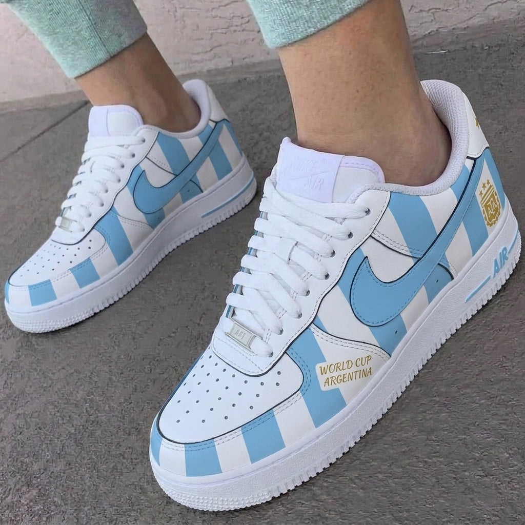 Custom AF 1s Shoes Argentina Stripe Baby Blue Gold
