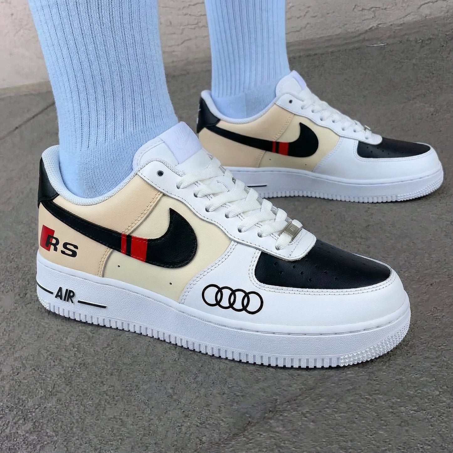 Custom AF 1s Shoes Audi RS Logo Red Stripe Cream Black