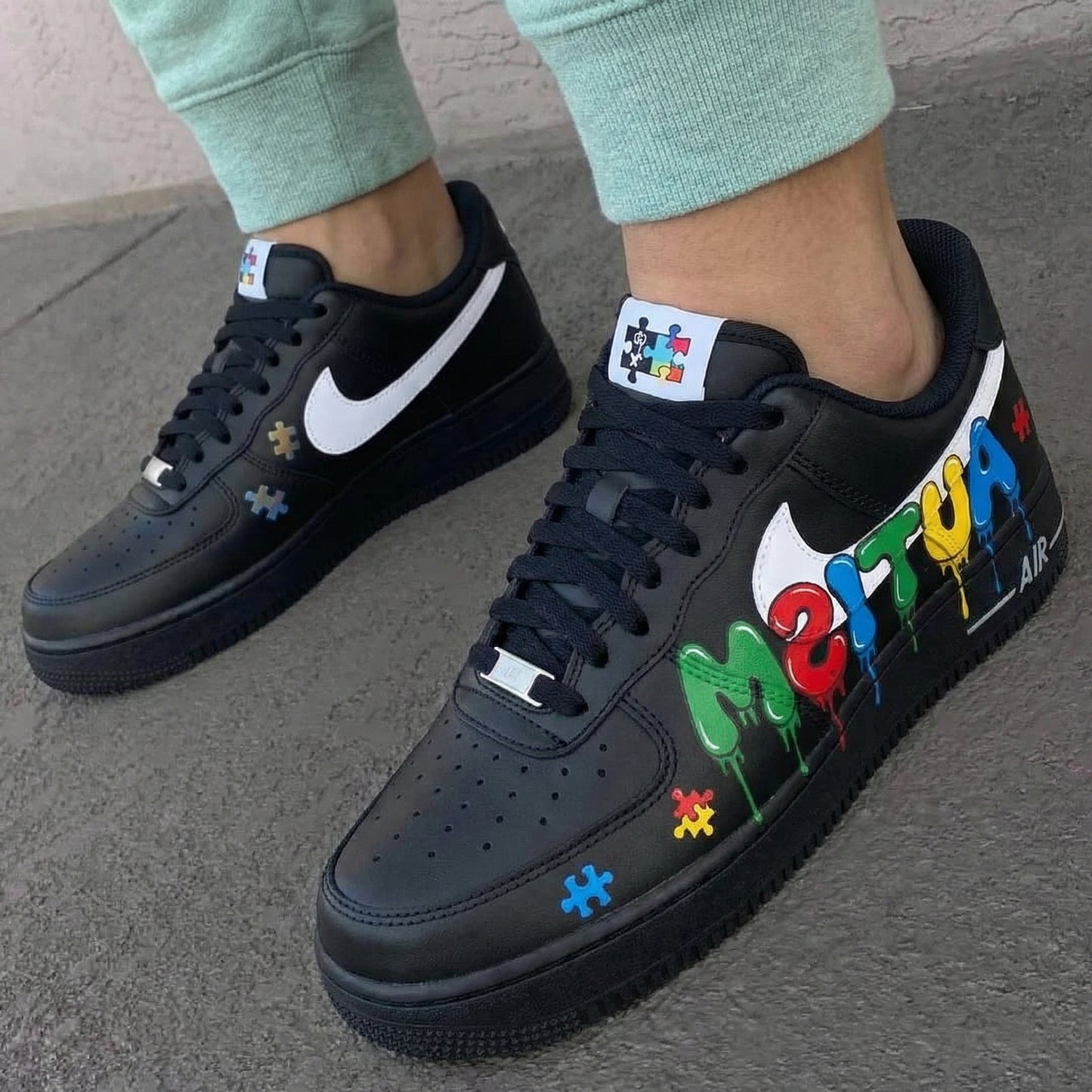 Custom AF 1s Shoes Autism Awareness Puzzle Pieces Black