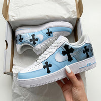 Custom AF 1s Shoes Black Crosses Sky Blue