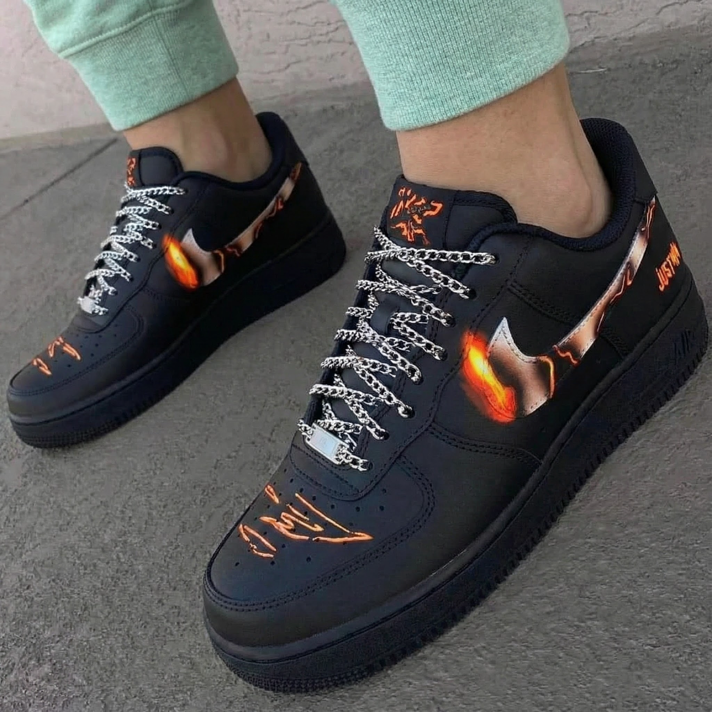 Custom AF 1s Shoes Blazing Flame Black Orange Pattern