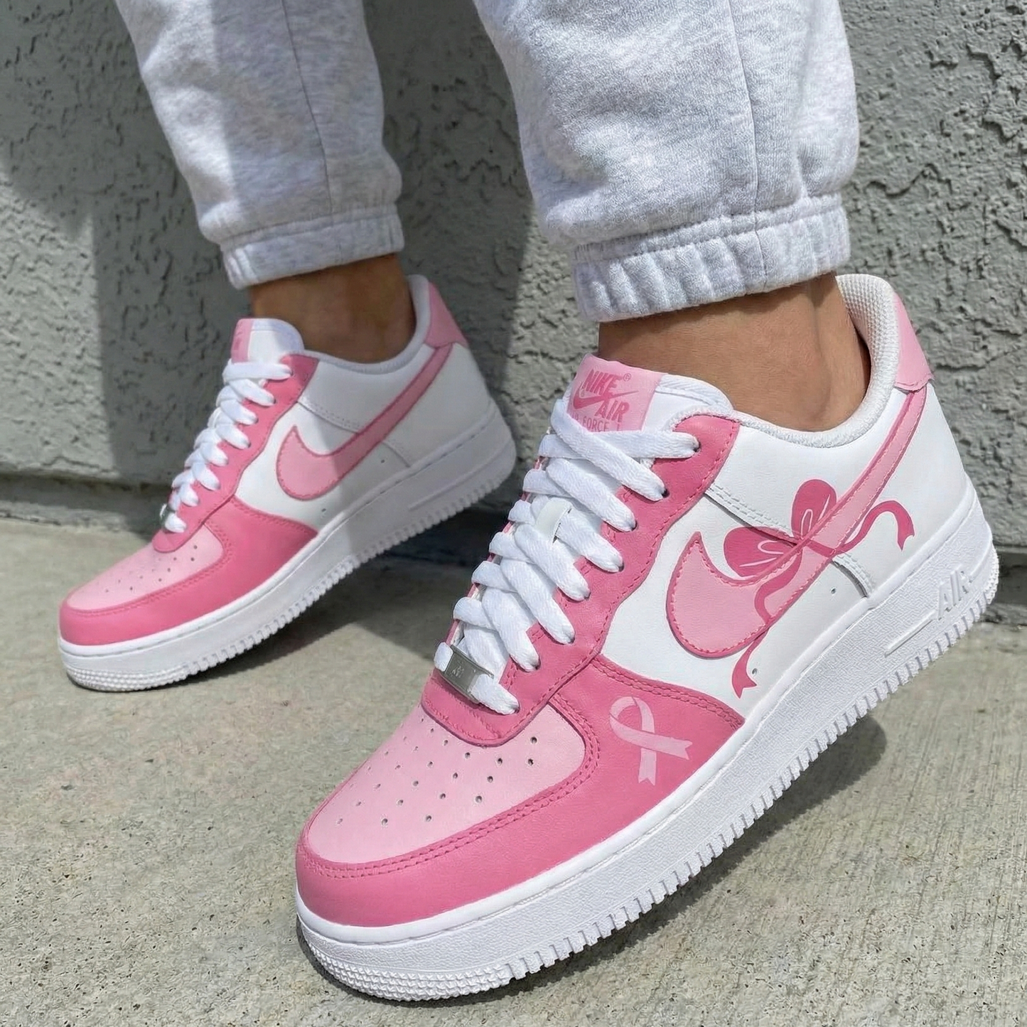 Custom AF 1s Shoes Bow Ribbon White Baby Pink