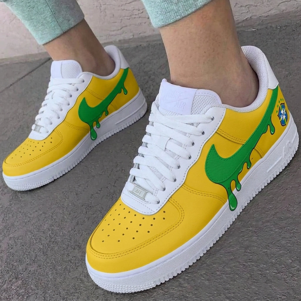 Custom AF 1s Shoes Brazil Dripping Yellow Green
