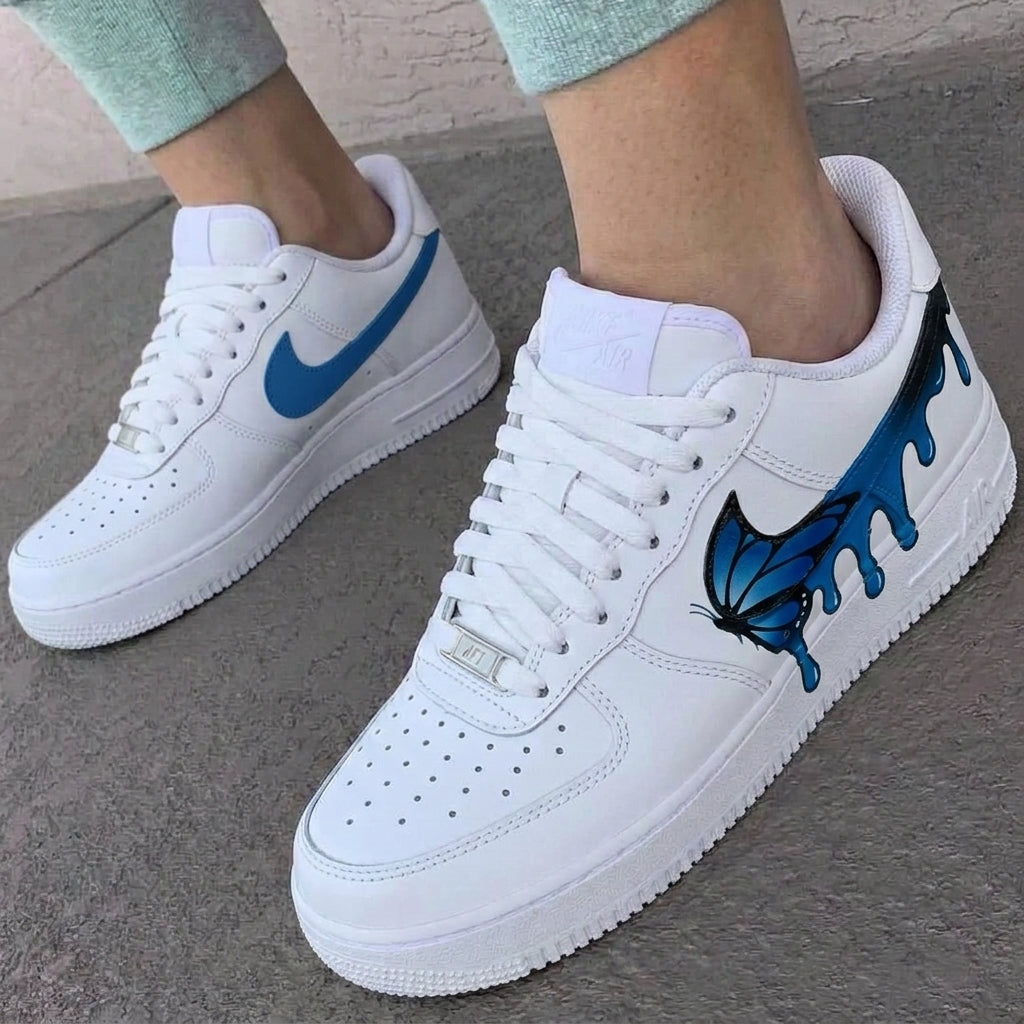 Custom AF 1s Shoes Butterflies Drip White Blue
