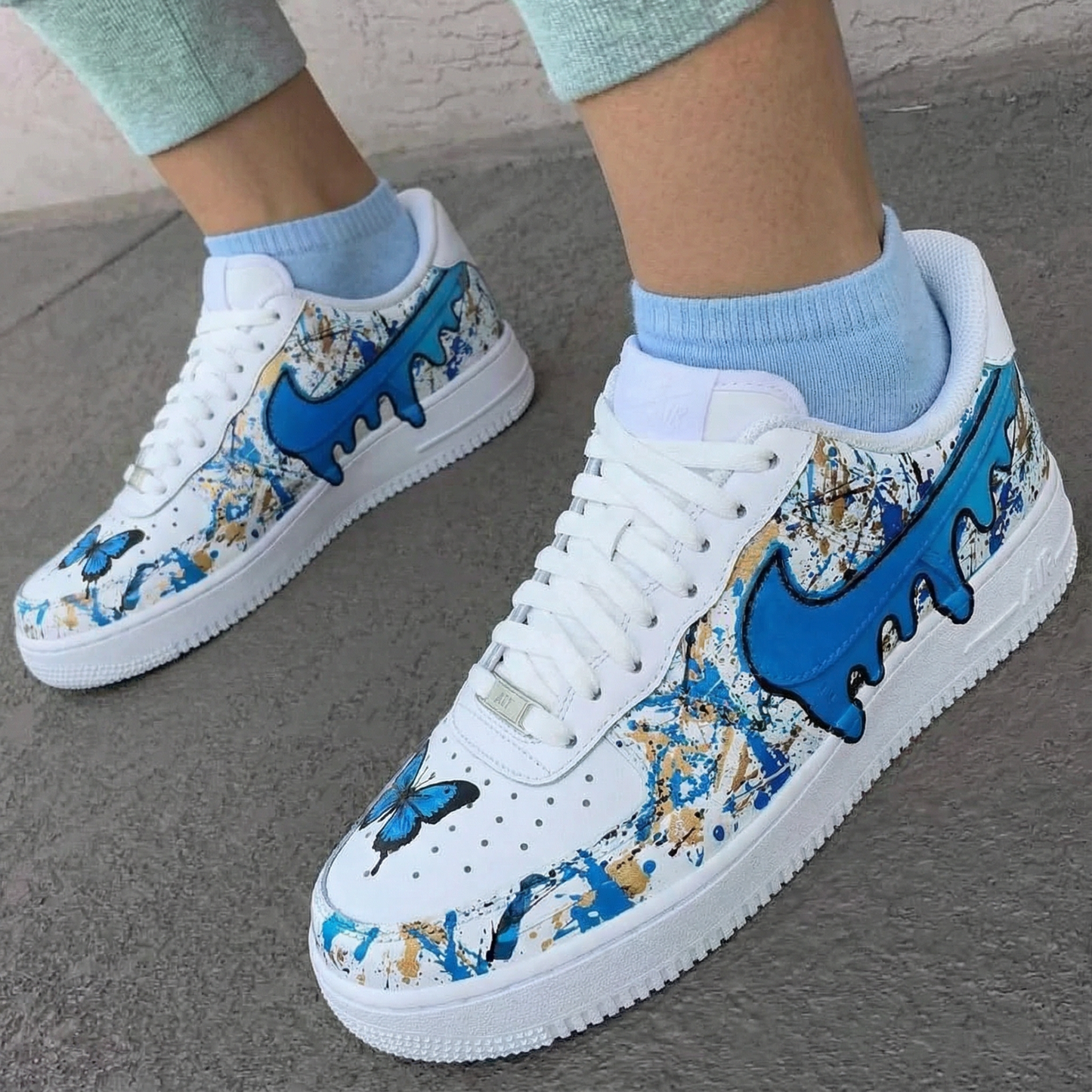 Custom AF 1s Shoes Butterfly Drip Blue Gold