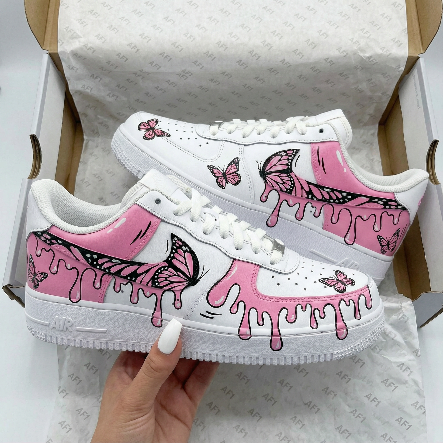 Custom AF 1s Shoes Butterfly Drip Design Baby Pink