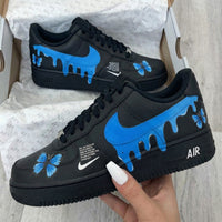 Custom AF 1s Shoes Butterfly Drip Design Black Blue