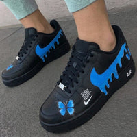Custom AF 1s Shoes Butterfly Drip Design Black Blue