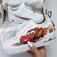 Custom AF 1s Shoes Cars Lightning McQueen Flames Tire Tracks Red Black Orange