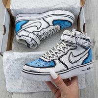 Custom AF 1s Shoes Cartoon Black Outline White Baby Blue