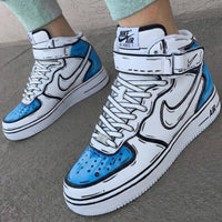 Custom AF 1s Shoes Cartoon Black Outline White Baby Blue