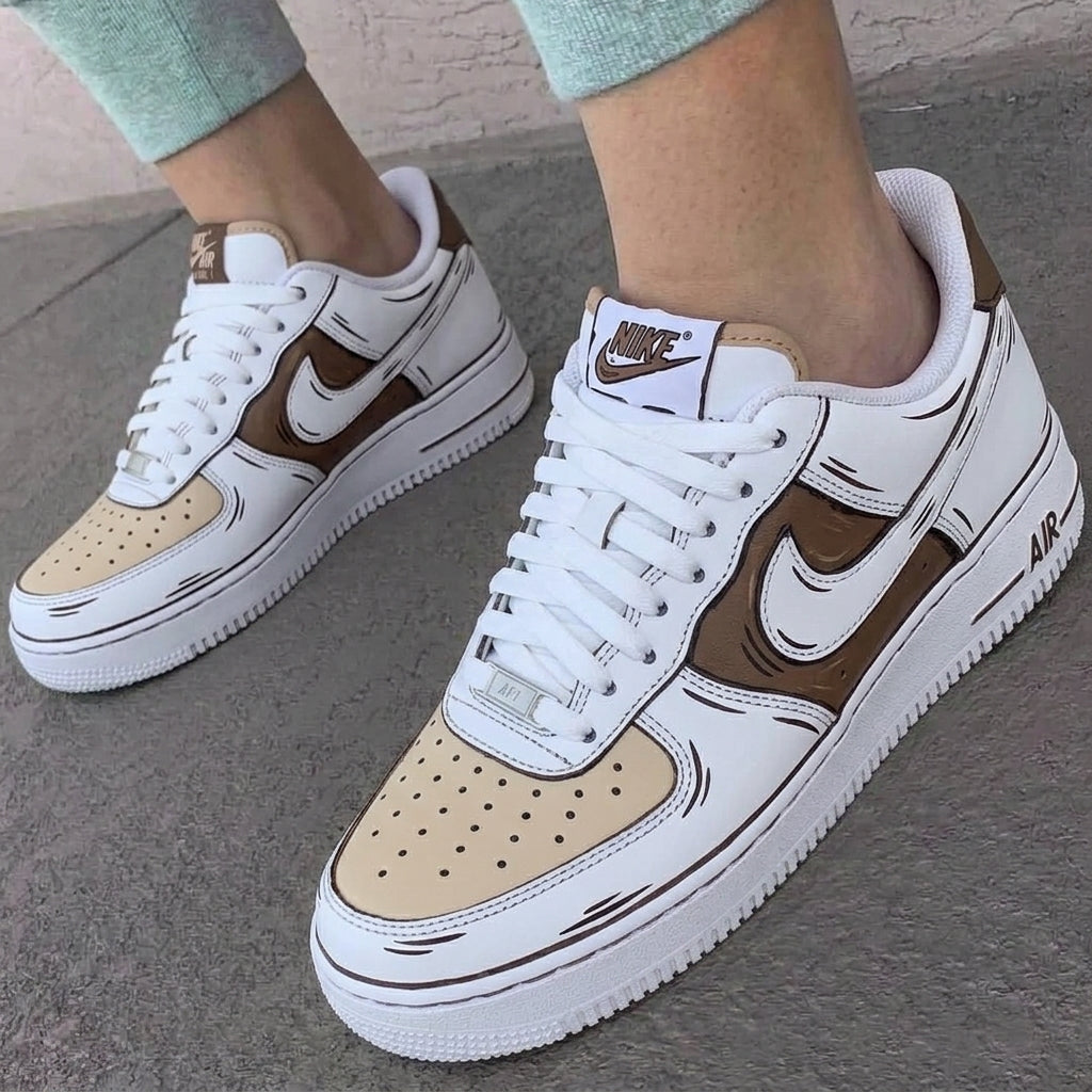 Custom AF 1s Shoes Cartoon Sketch Brown Beige