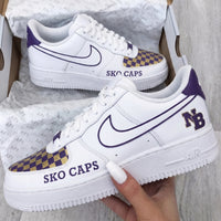 Custom AF 1s Shoes Checkered Pattern SKO CAPS NB Purple Gold