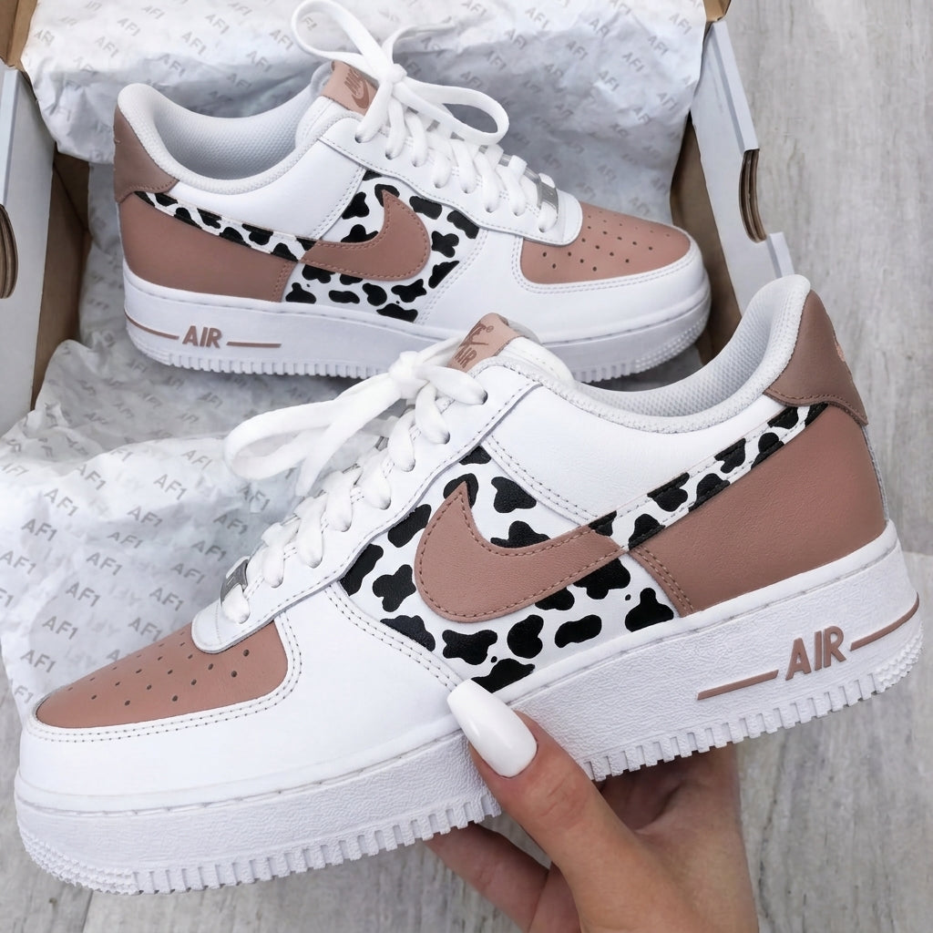 Custom AF 1s Shoes Cow Print Baby Pink Black
