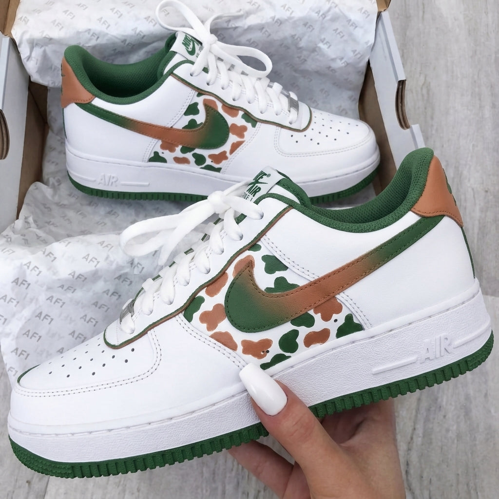 Custom AF 1s Shoes Cow Print Green Tan