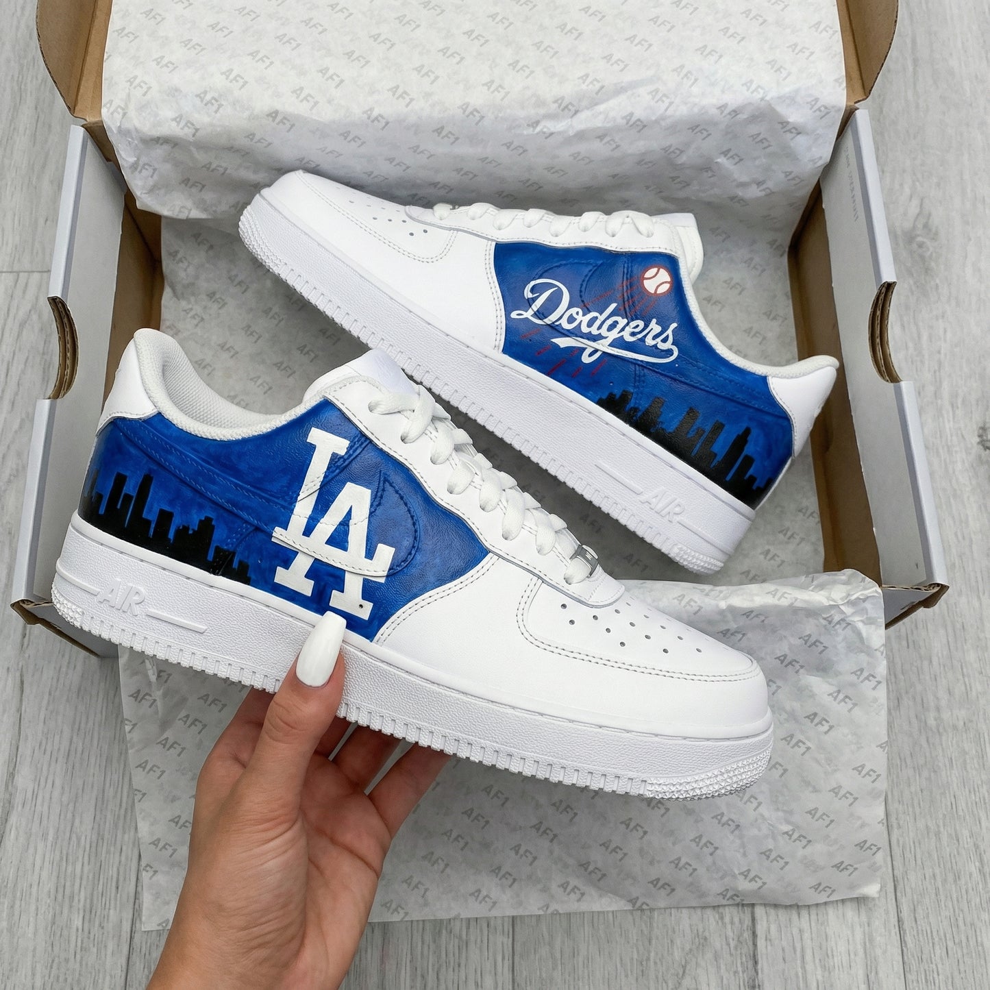 Custom AF 1s Shoes Dodgers LA Logo City Skyline Blue Black
