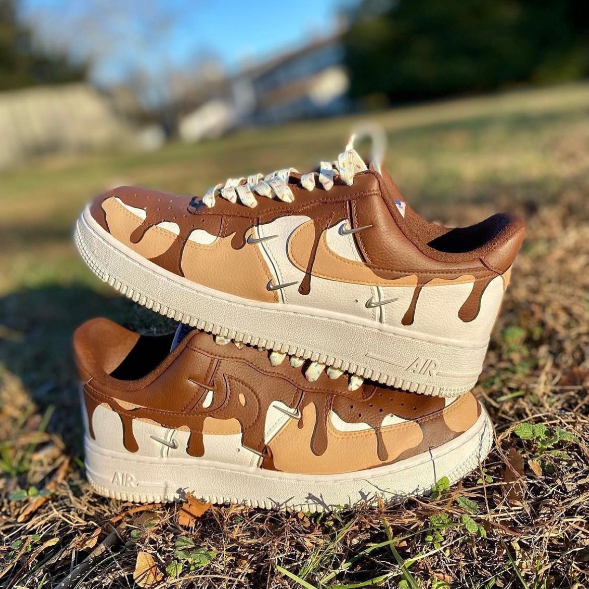 Custom AF 1s Shoes Drip Design Brown Beige