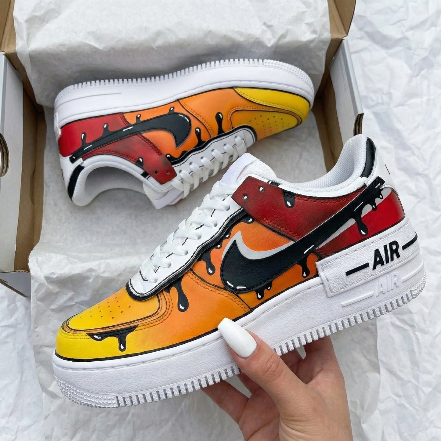 Custom AF 1s Shoes Drip Pattern Yellow Orange