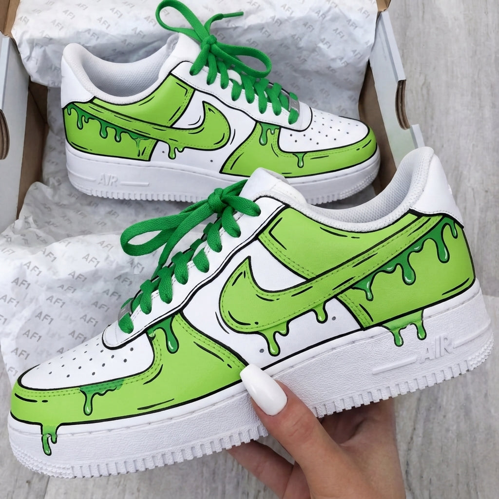 Custom AF 1s Shoes Dripping Cartoon White Green
