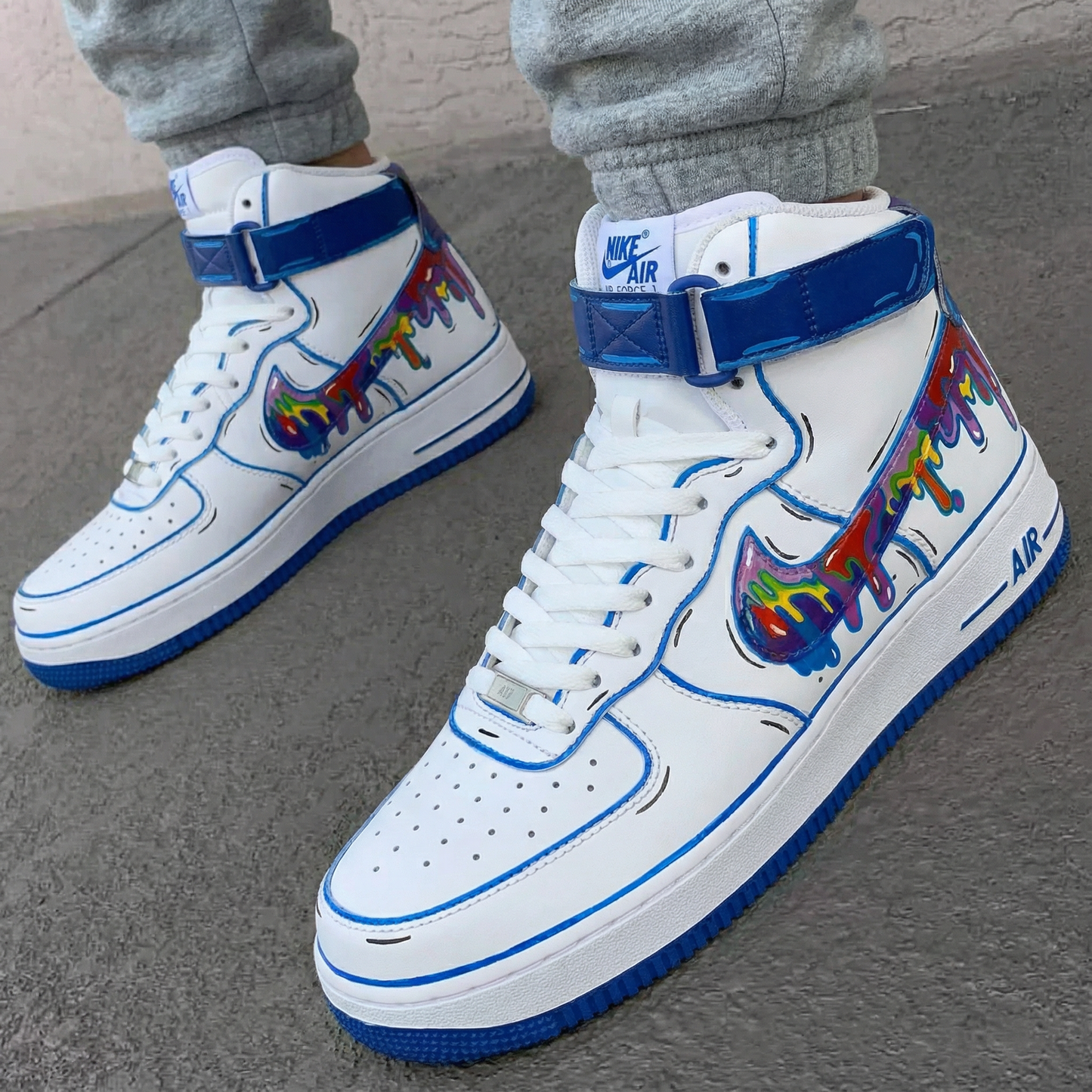 Custom AF 1s Shoes Dripping Paint Design Blue