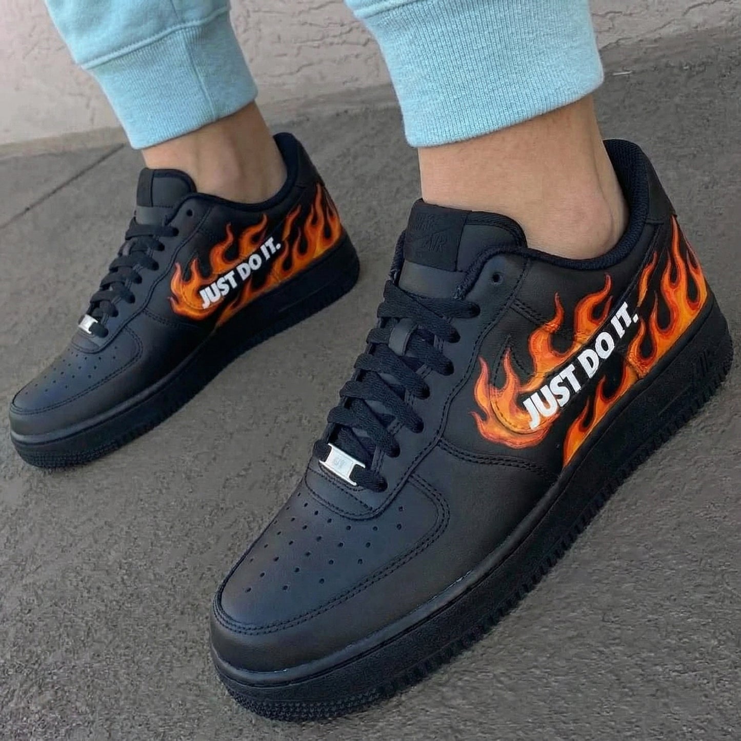 Custom AF 1s Shoes Flame Pattern Black Orange