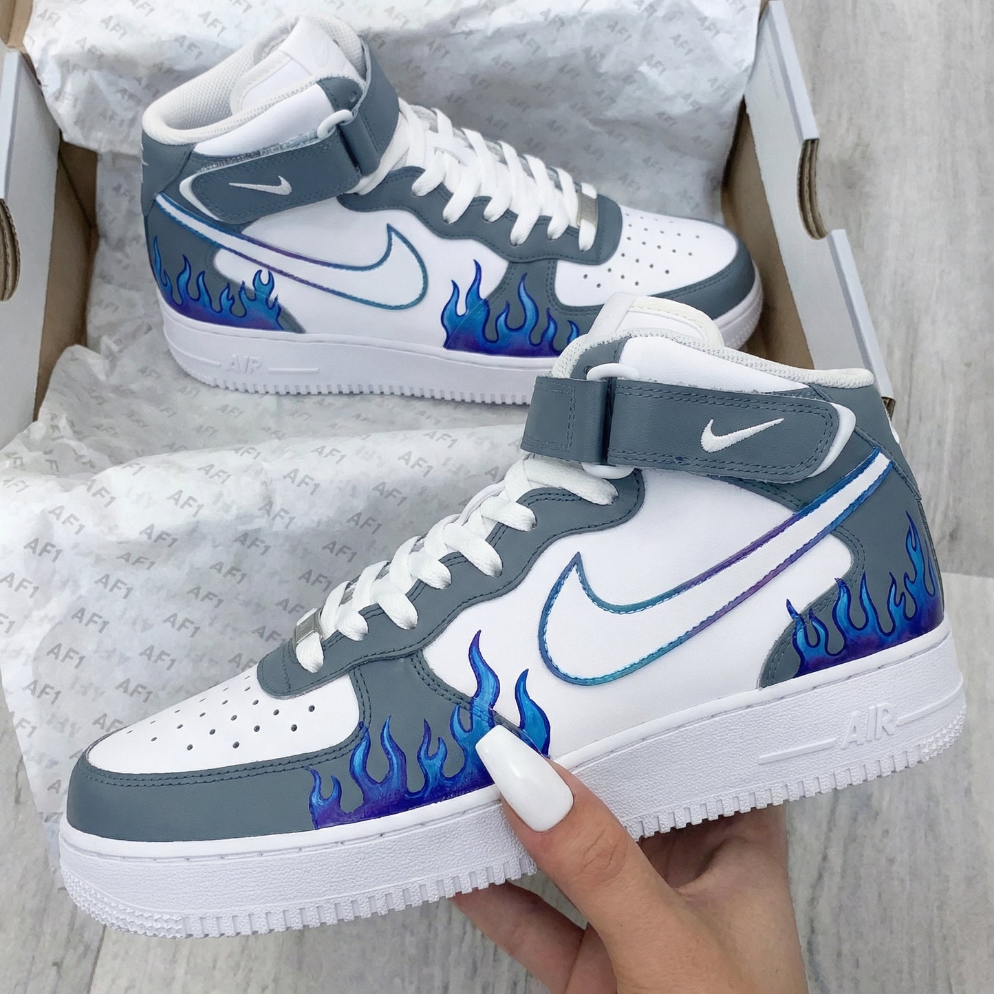 Custom AF 1s Shoes Flame Pattern Gray Blue