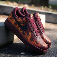 Custom AF 1s Shoes Flame Pattern Maroon Black