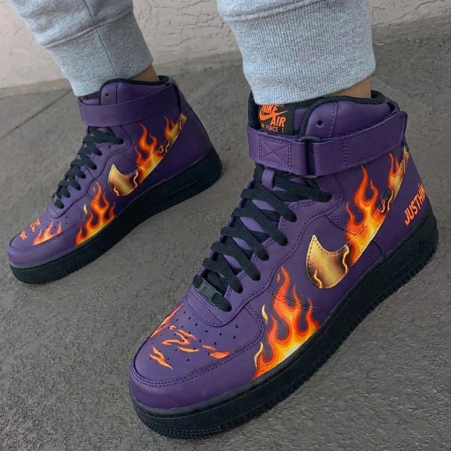 Custom AF 1s Shoes Flame Pattern Purple Black