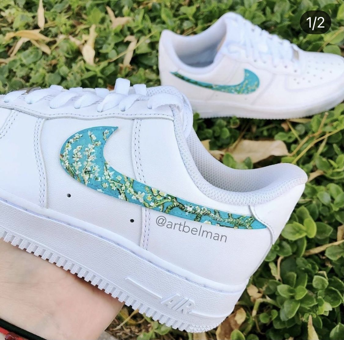 Custom AF 1s Shoes Floral Pattern Teal Color